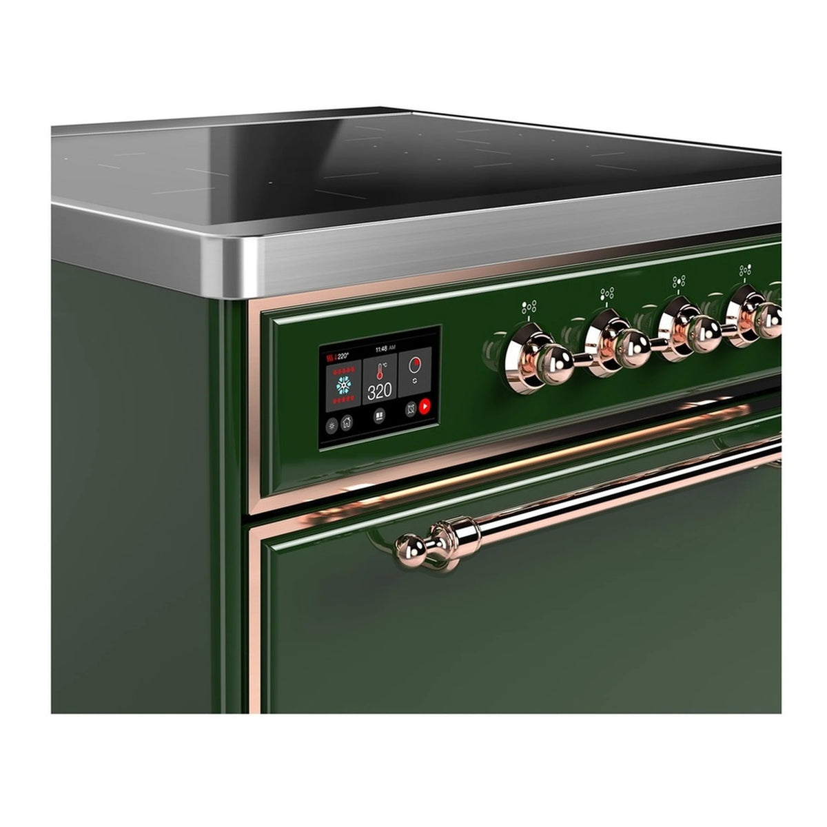Emerald green induction range control panel with copper-trimmed knobs and display
