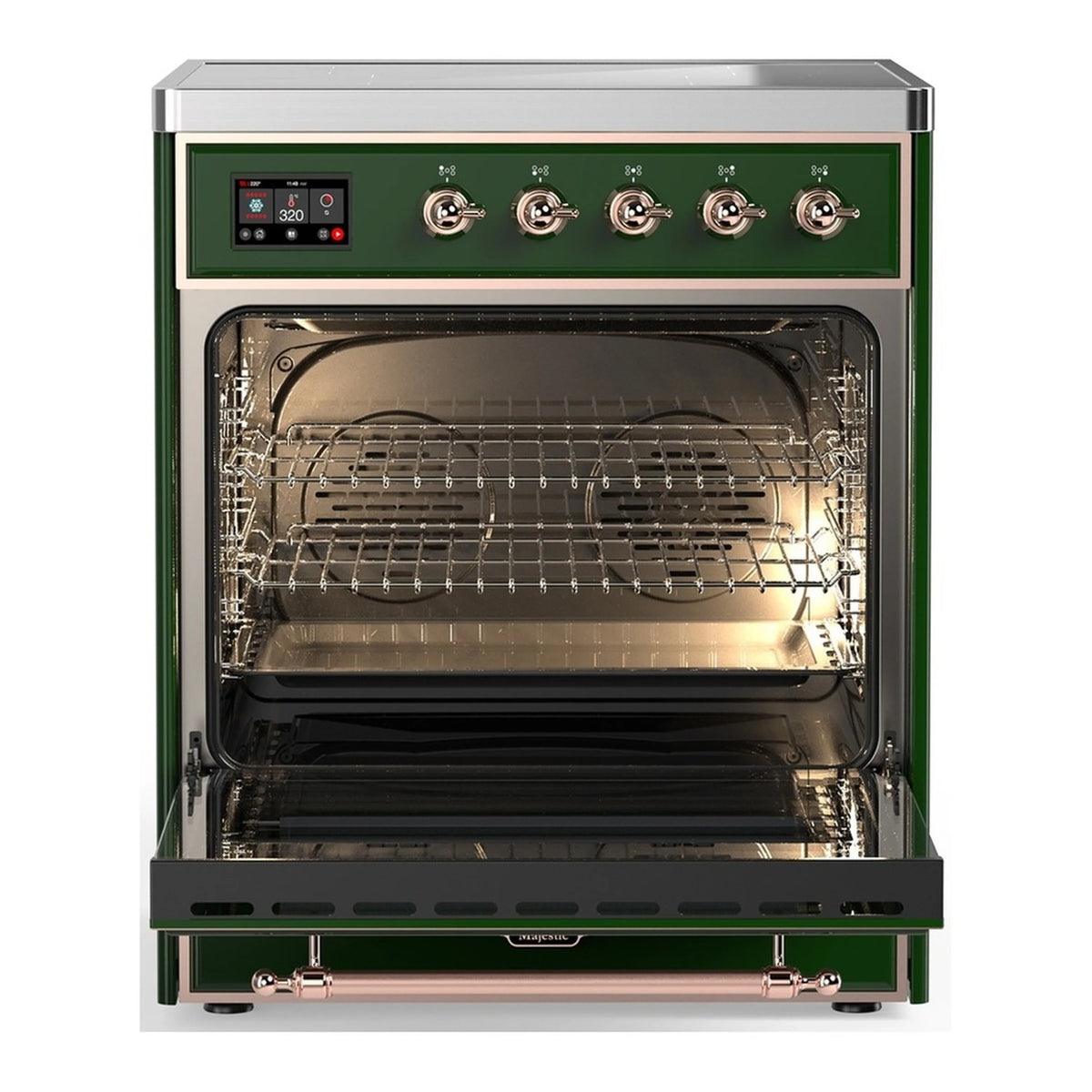 Emerald green electric oven door open showing wire racks and heated interior