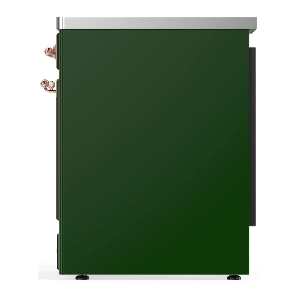 Emerald green solid oven door with copper handle and stainless top trim