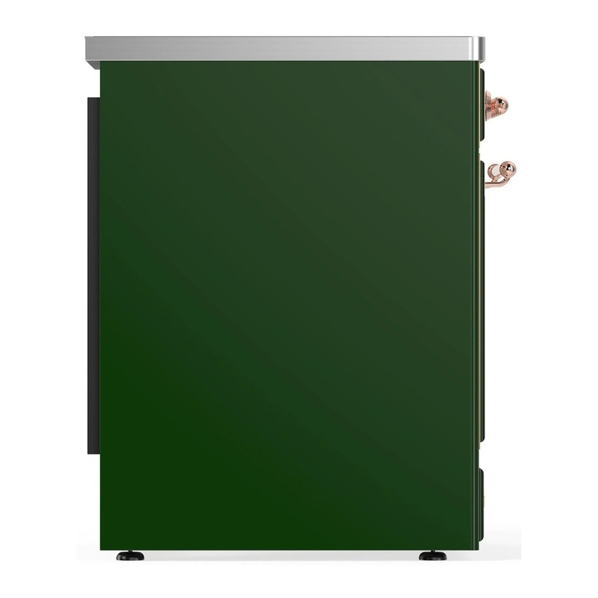 Emerald green solid oven door with copper handle and side trim
