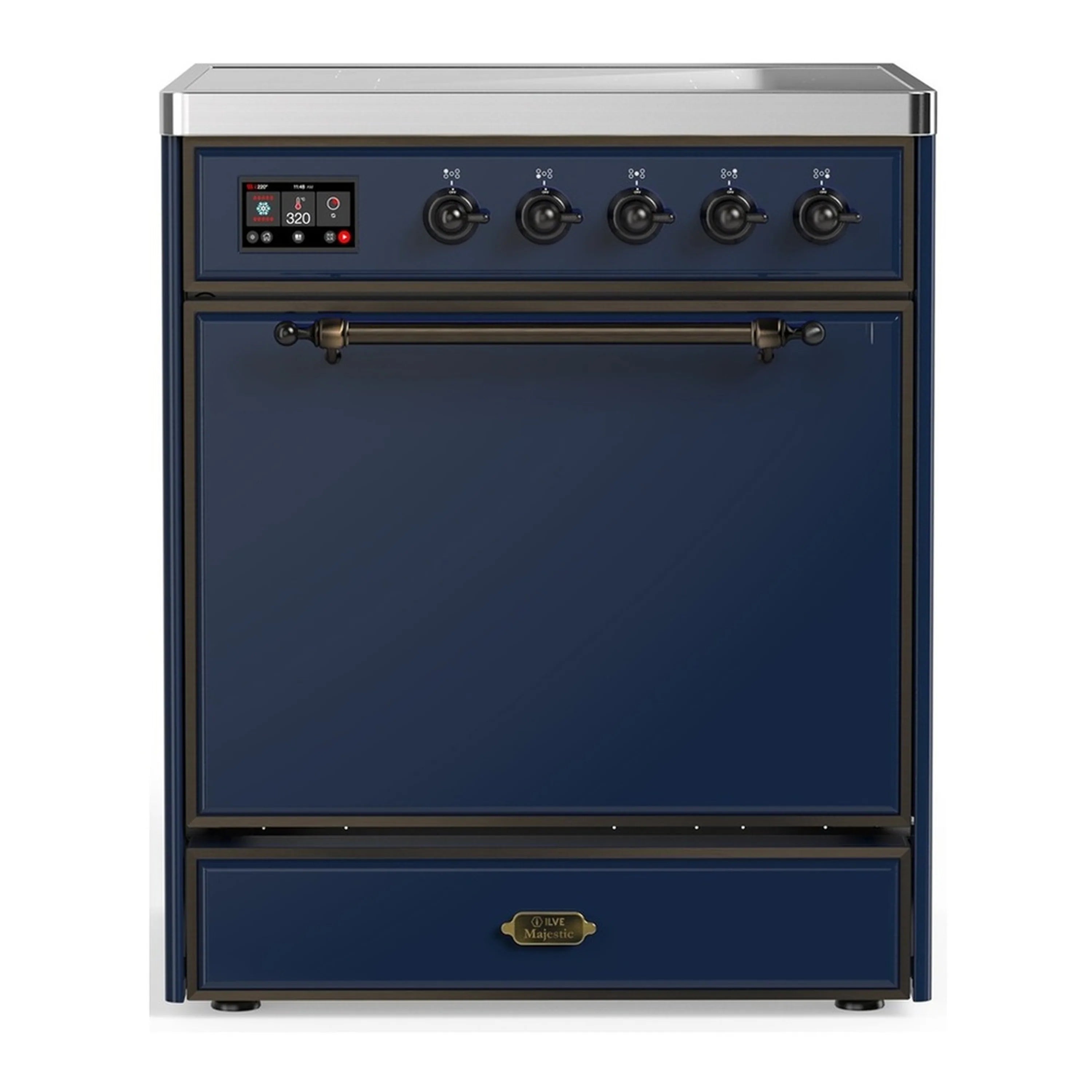 30-inch induction range with blue solid-door oven and four induction burner controls