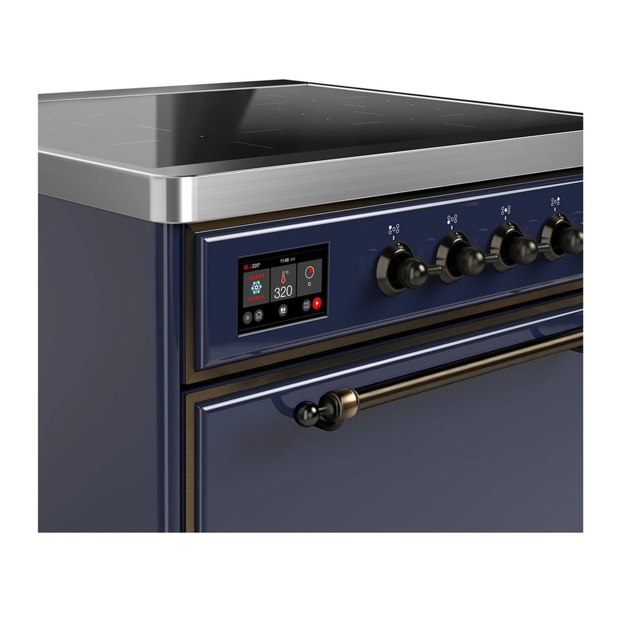 Induction range control panel with blue backsplash and illuminated digital display