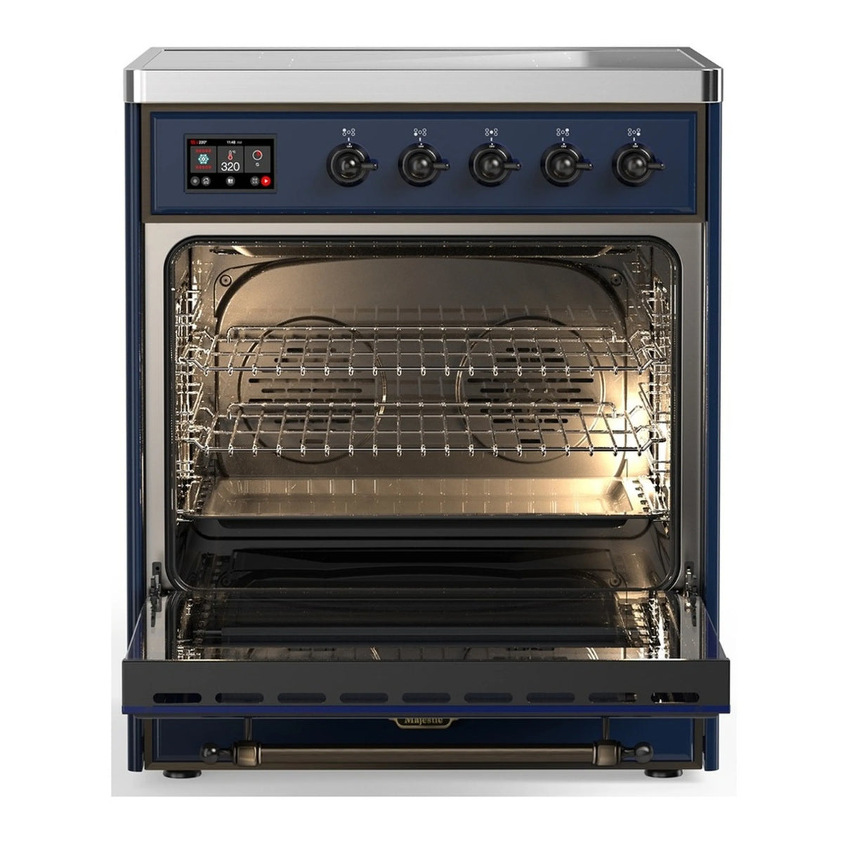 Induction range oven door open, showing wire racks and interior light