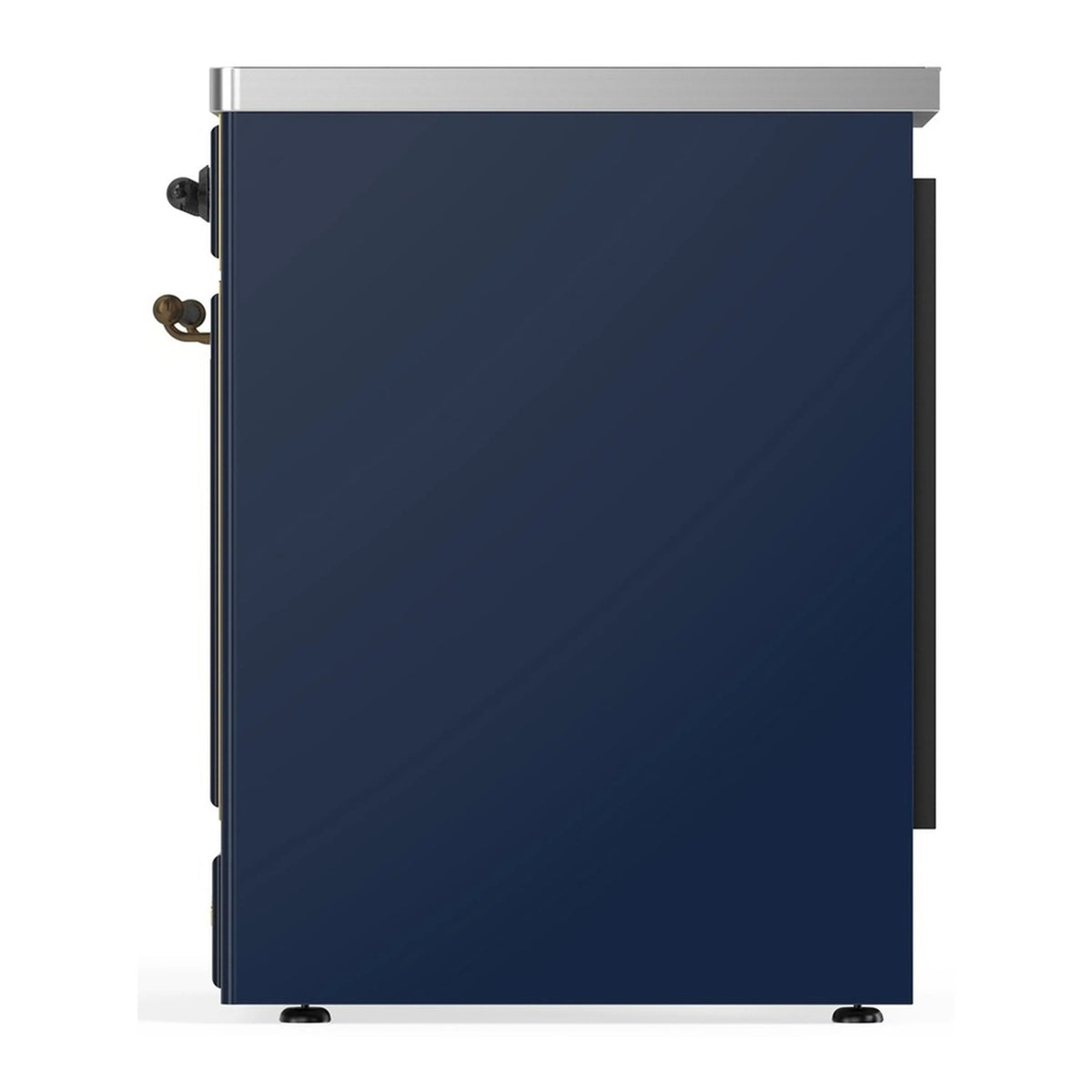 Blue induction range with solid oven door and brushed stainless top trim