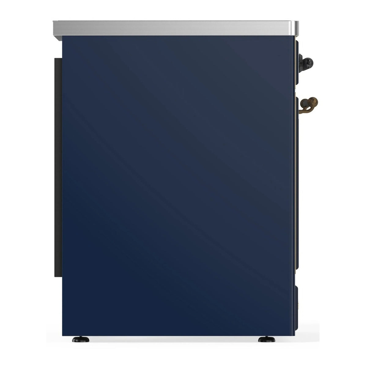 Blue induction range side view with side handle and brushed stainless top trim