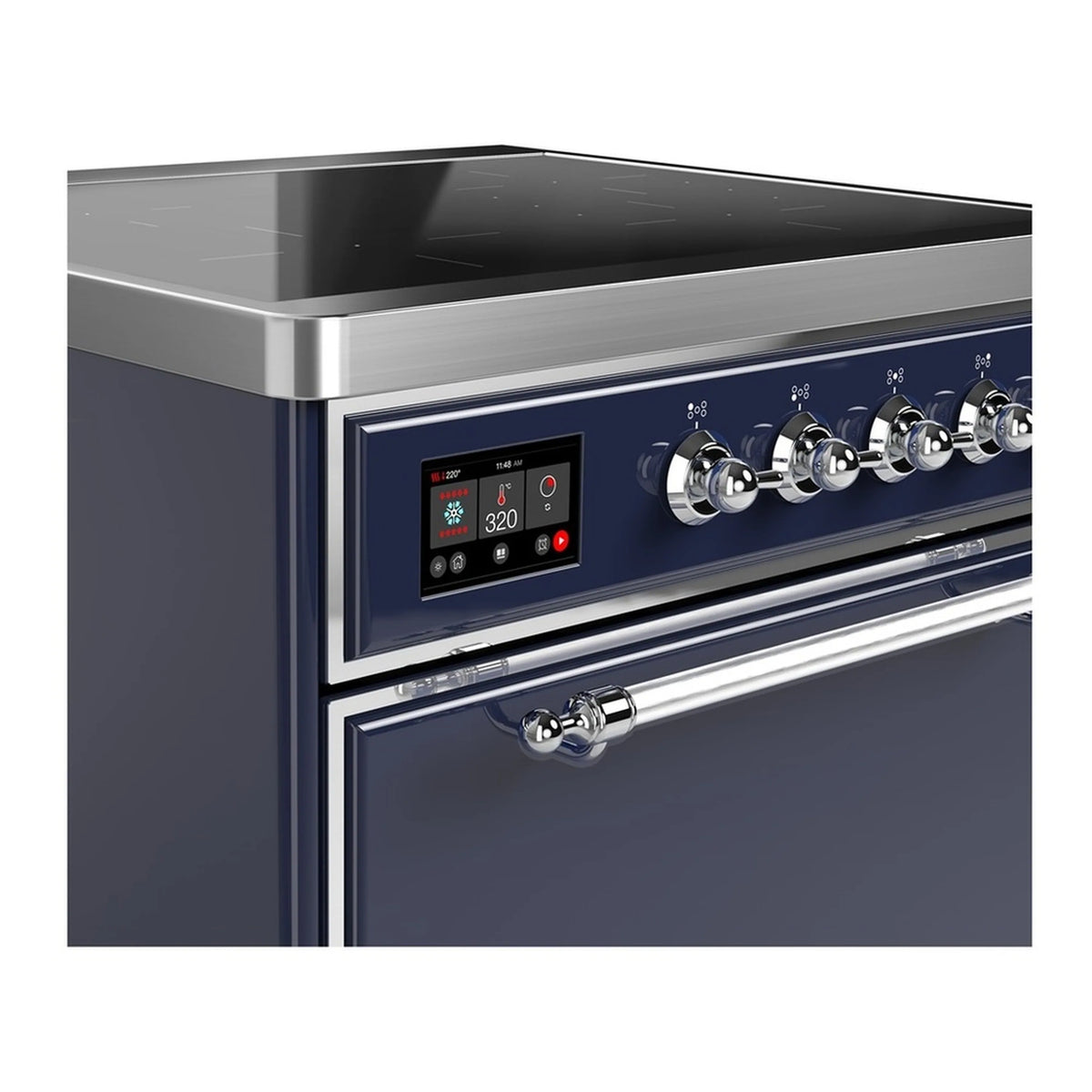 ILVE Majestic III induction range control panel in midnight blue with chrome knobs