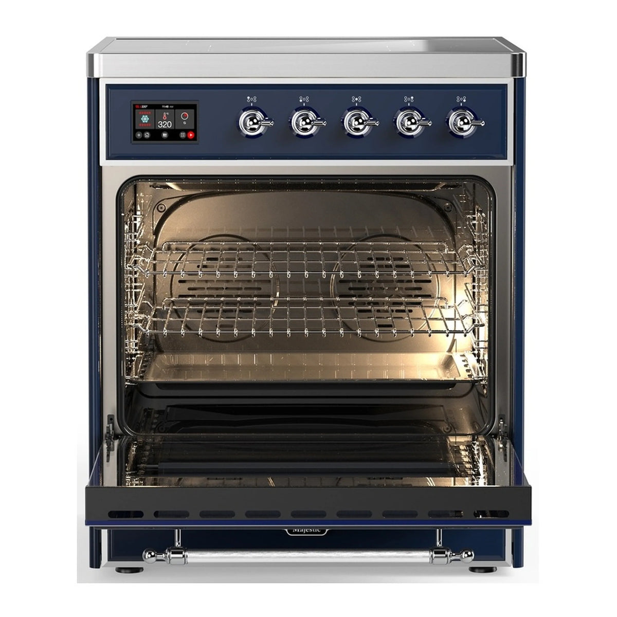 ILVE Majestic III induction range with open electric oven and wire racks inside