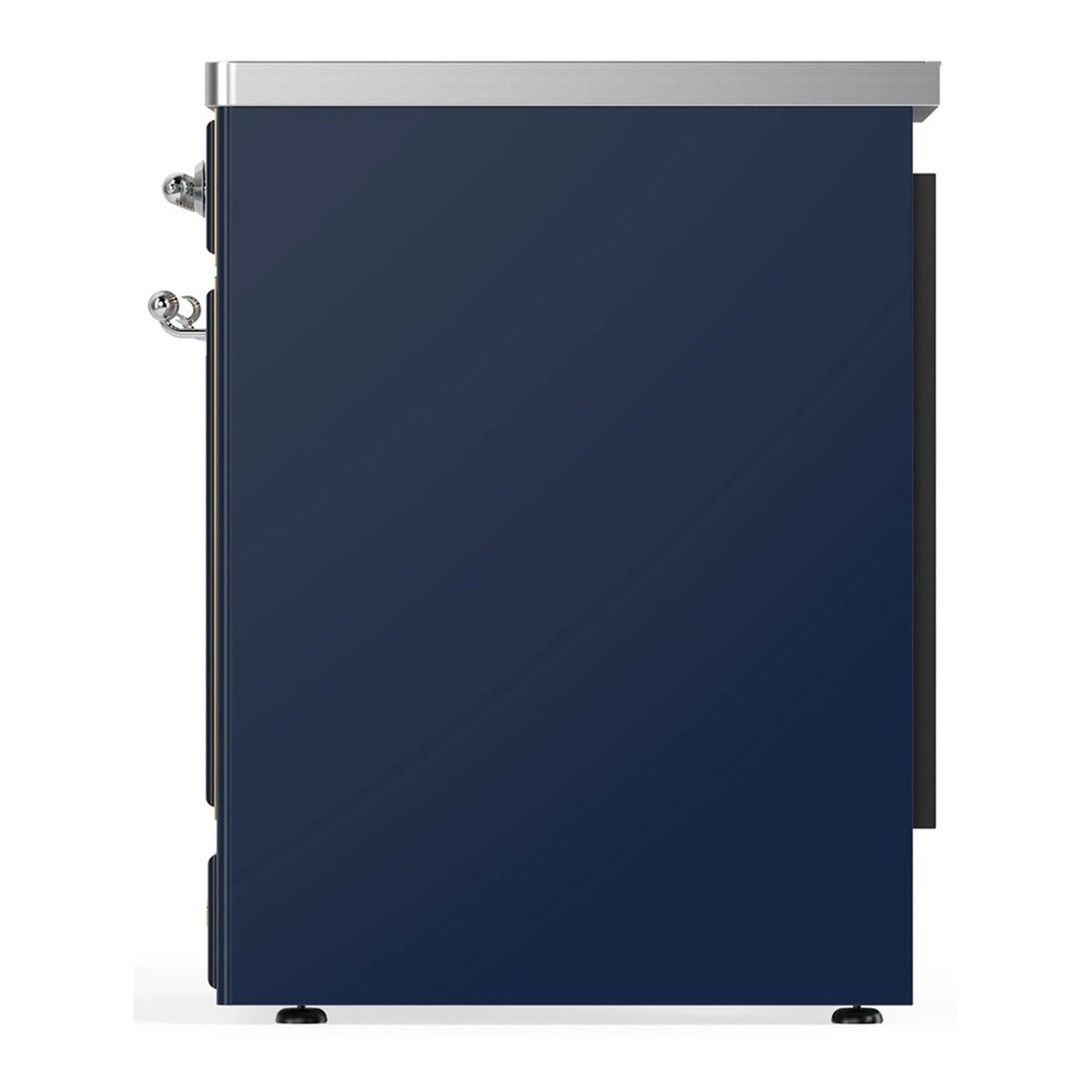ILVE Majestic III induction range side door panel in midnight blue with chrome handles