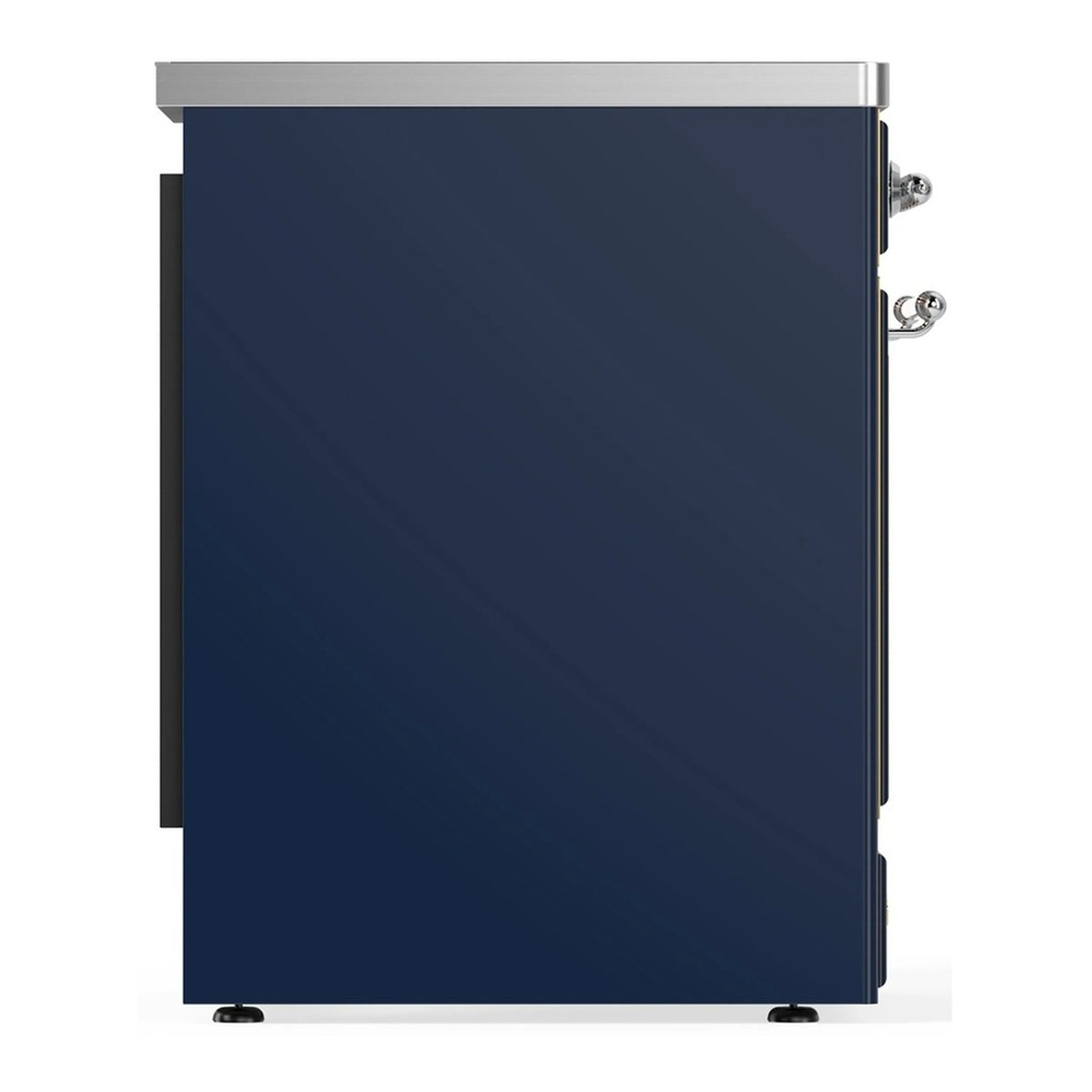 ILVE Majestic III induction range rear side view in midnight blue with chrome pulls
