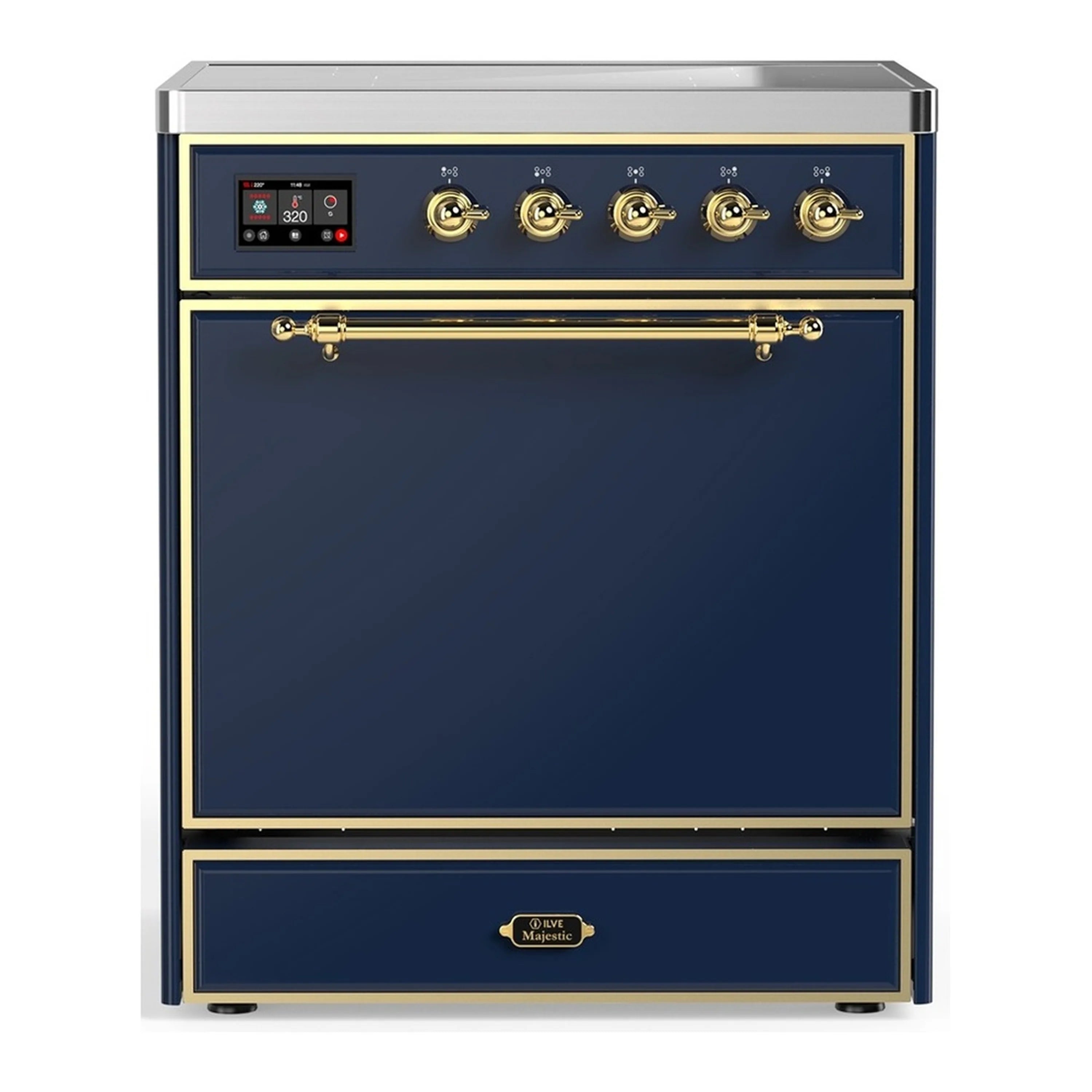 Midnight blue induction range with brass knobs and control panel