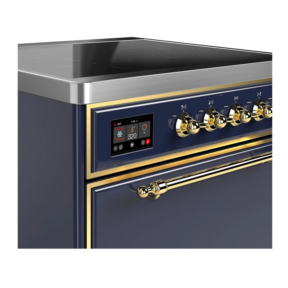 Midnight blue induction range control panel with brass knobs and display