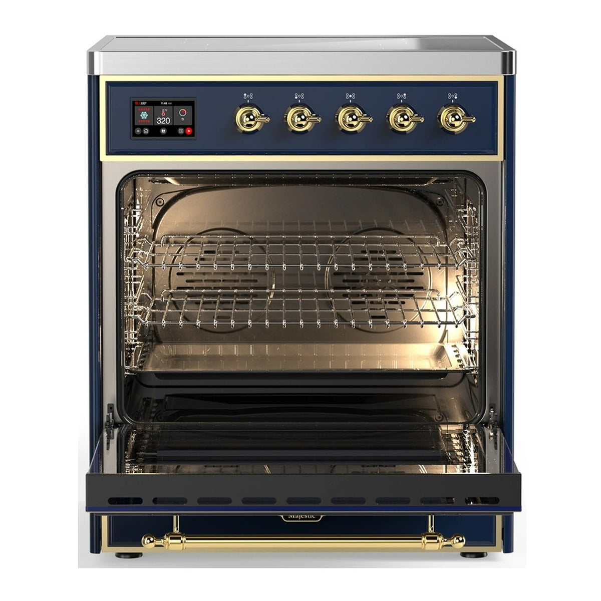 Midnight blue induction range with open oven door, racks and interior lighting