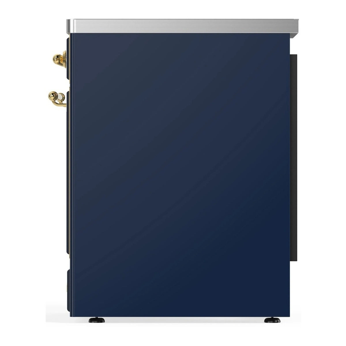 Midnight blue oven door side view with stainless top and brass handles