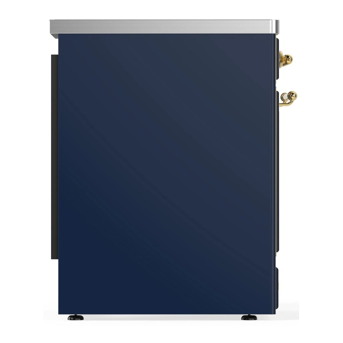 Midnight blue oven door rear/side view with brass handles and leveling feet