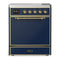 ILVE Majestic III 30-Inch Induction Range with 4 Induction Elements and Solid Door Electric Oven in Mightnight Blue with Brass Trim (UMIB30QNR3MBG)