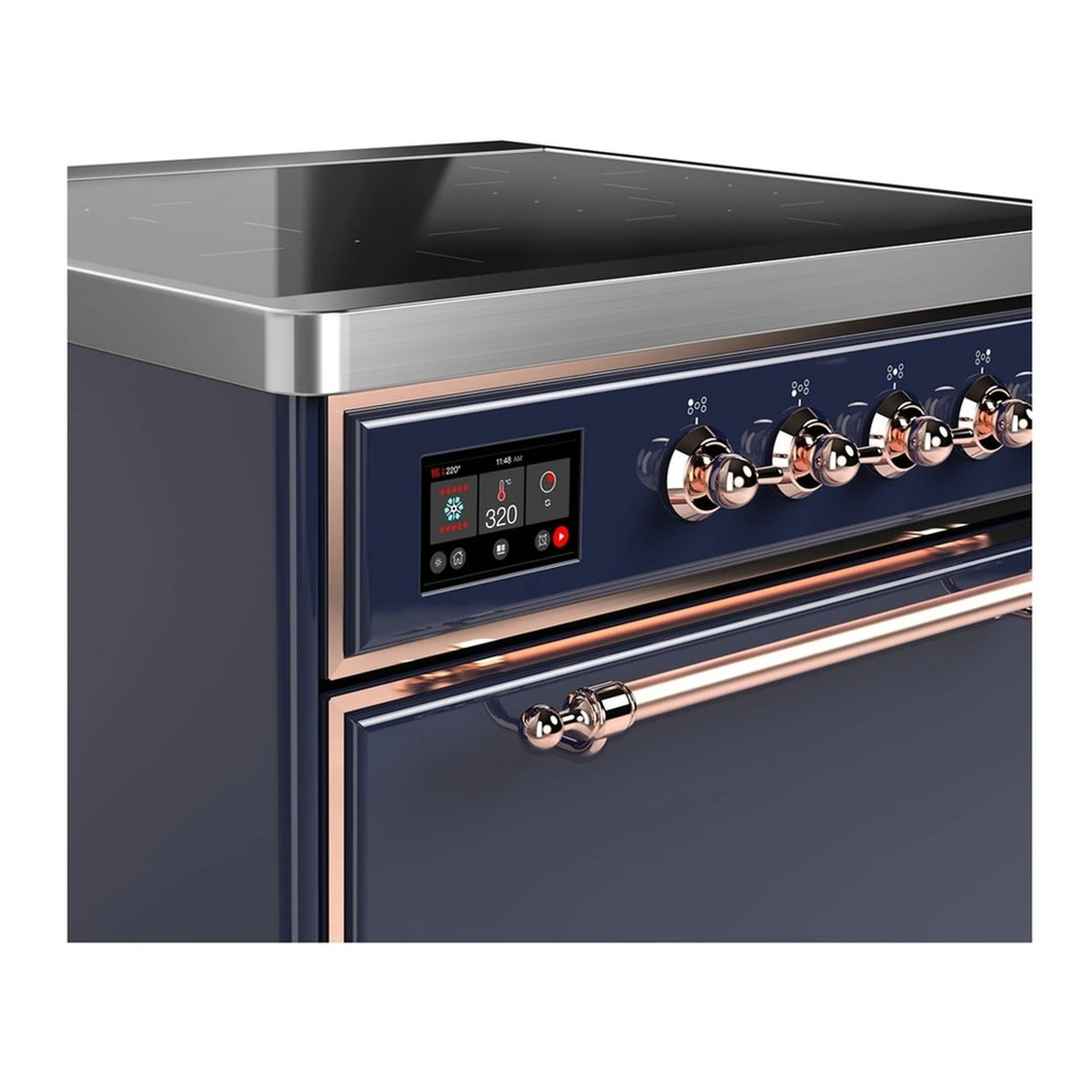 Induction range control panel with digital display, copper knobs on midnight blue