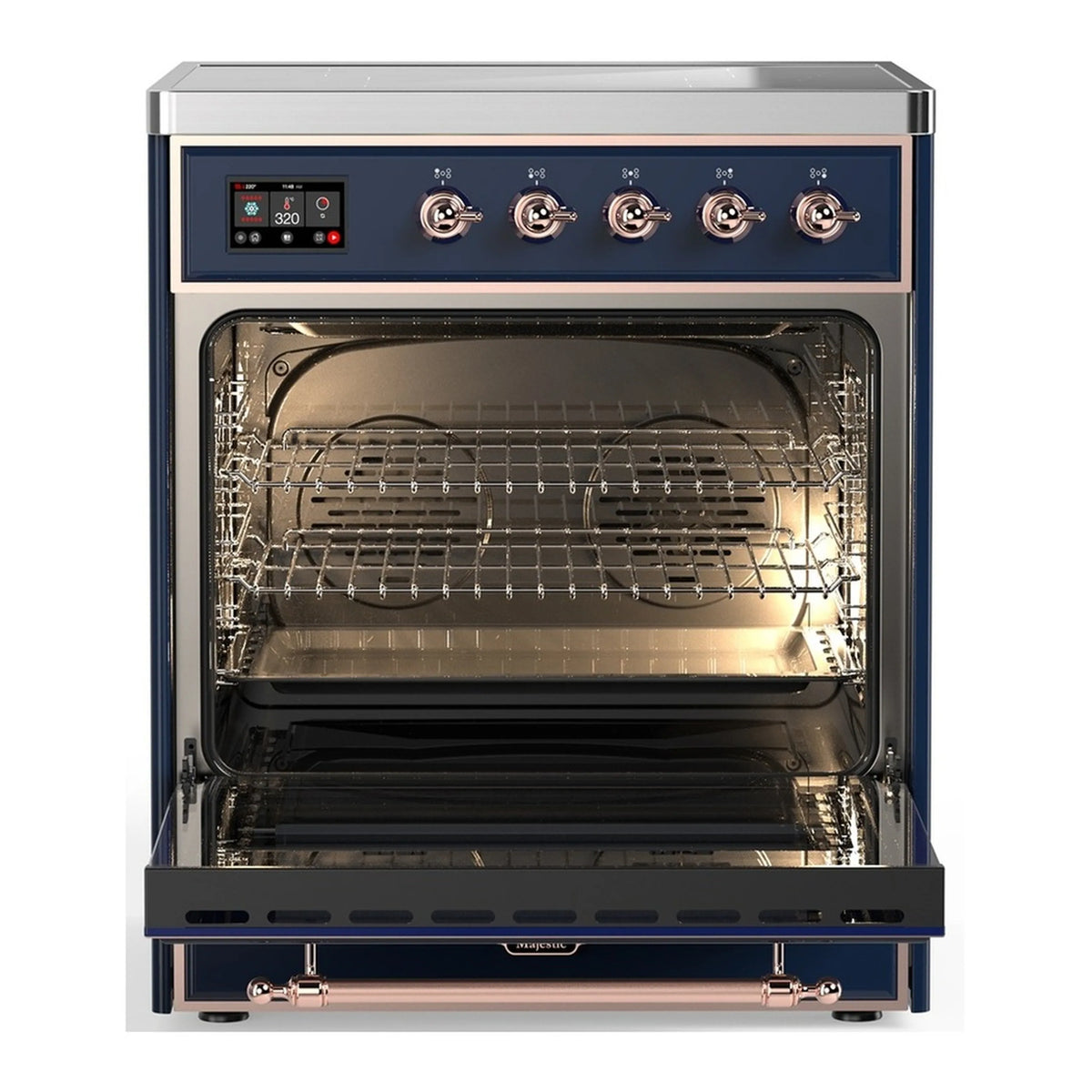 Open electric oven door with wire racks and interior light, midnight blue range