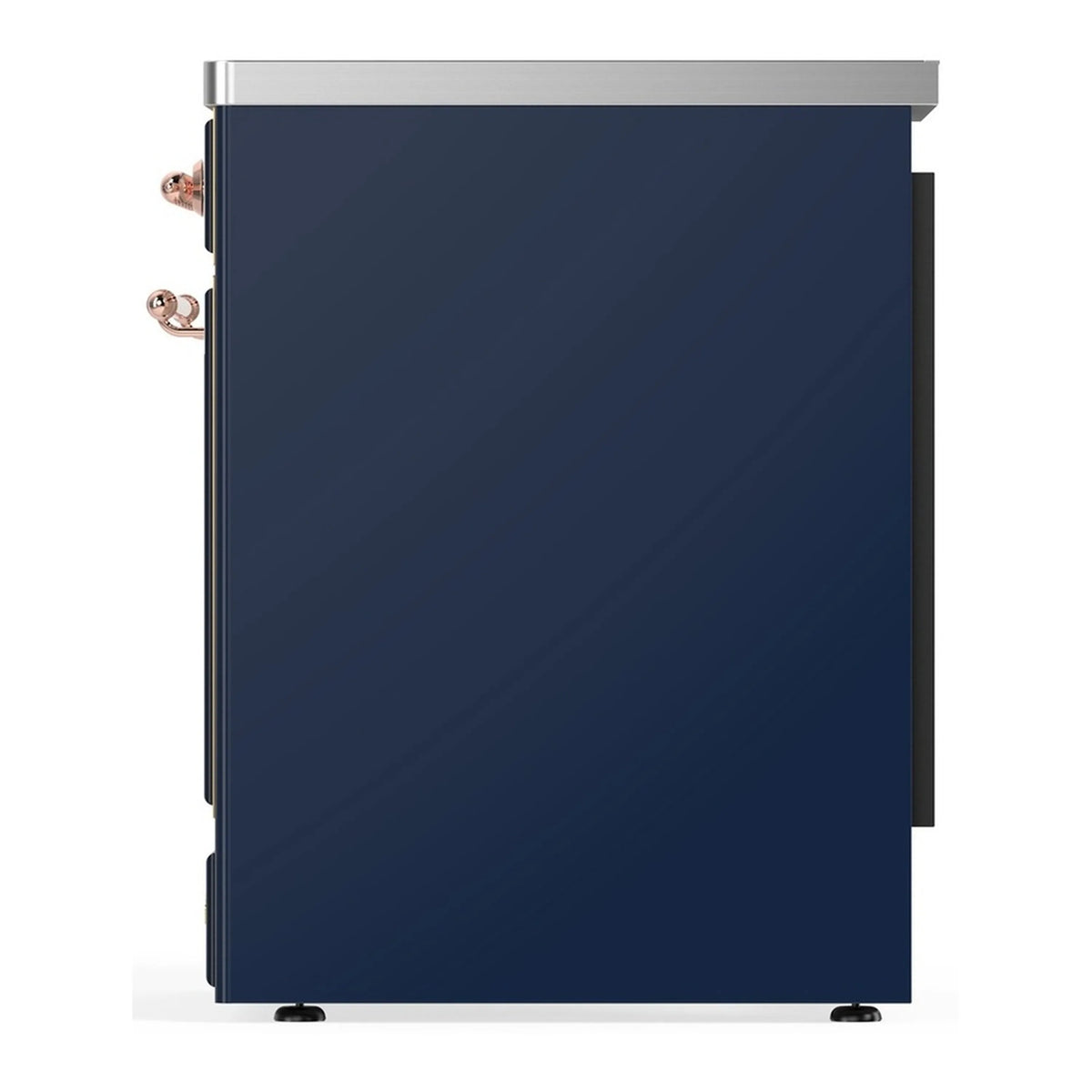 Induction range side view with midnight blue door panel and copper handle hardware
