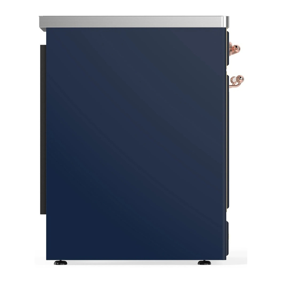 Induction range rear-side view with midnight blue paneling and copper handle hardware