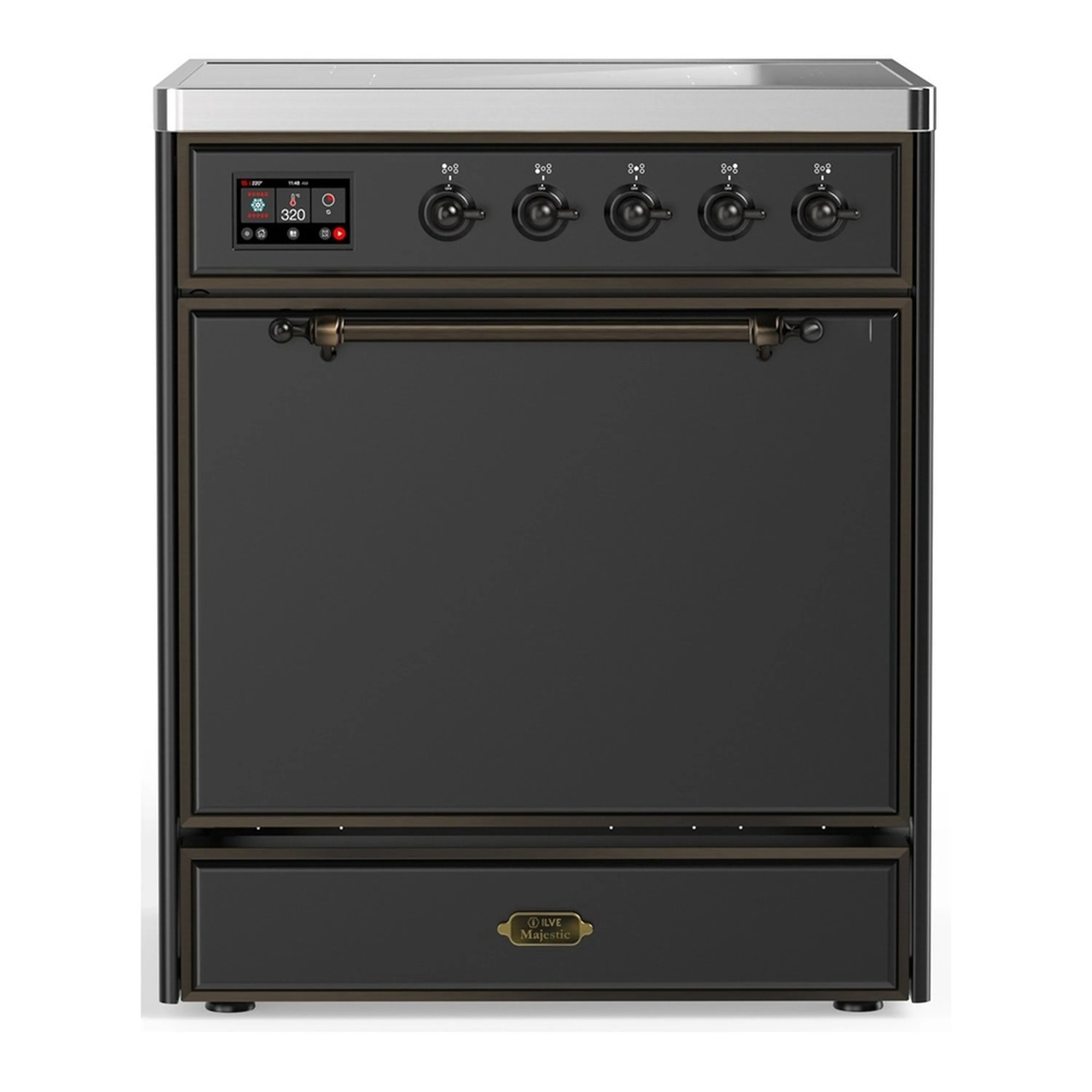 Matte graphite induction range with solid door electric oven and brushed trim