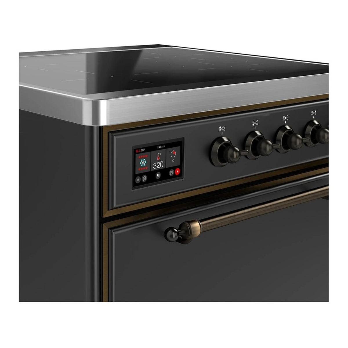 Induction range control panel with digital display and four knob switches