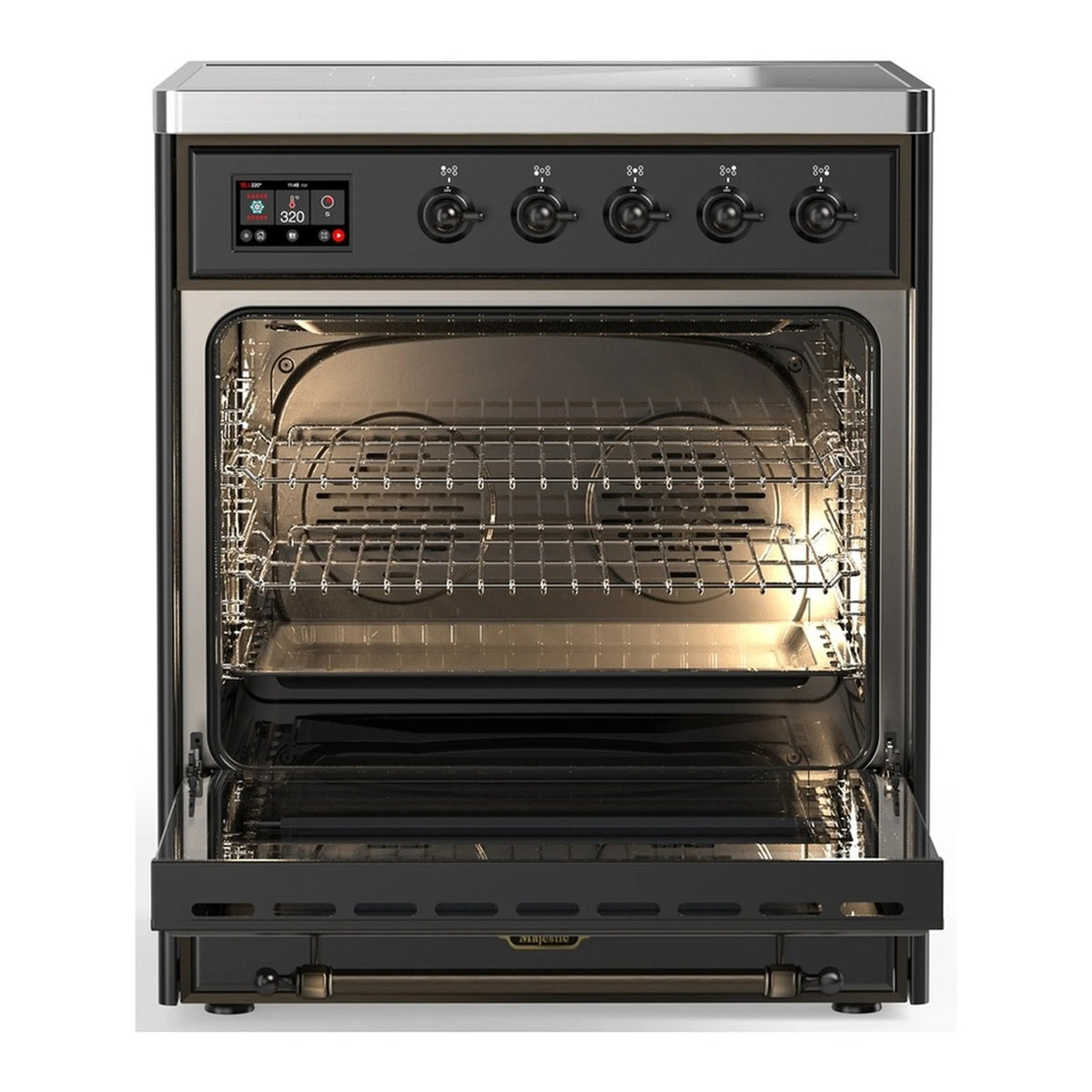 Open electric oven with wire racks and heating elements visible
