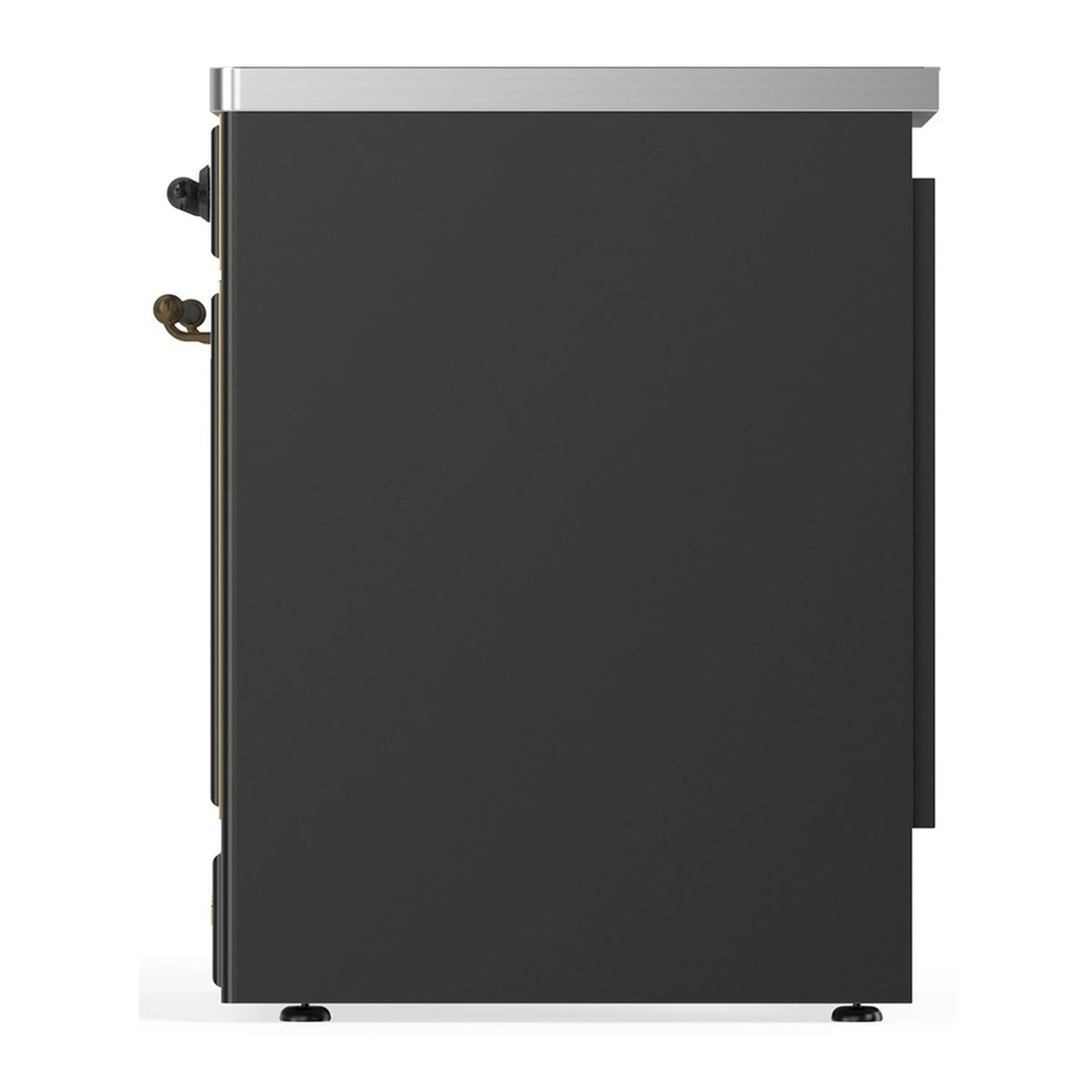 Matte graphite oven door with brushed metal side handles and control trim