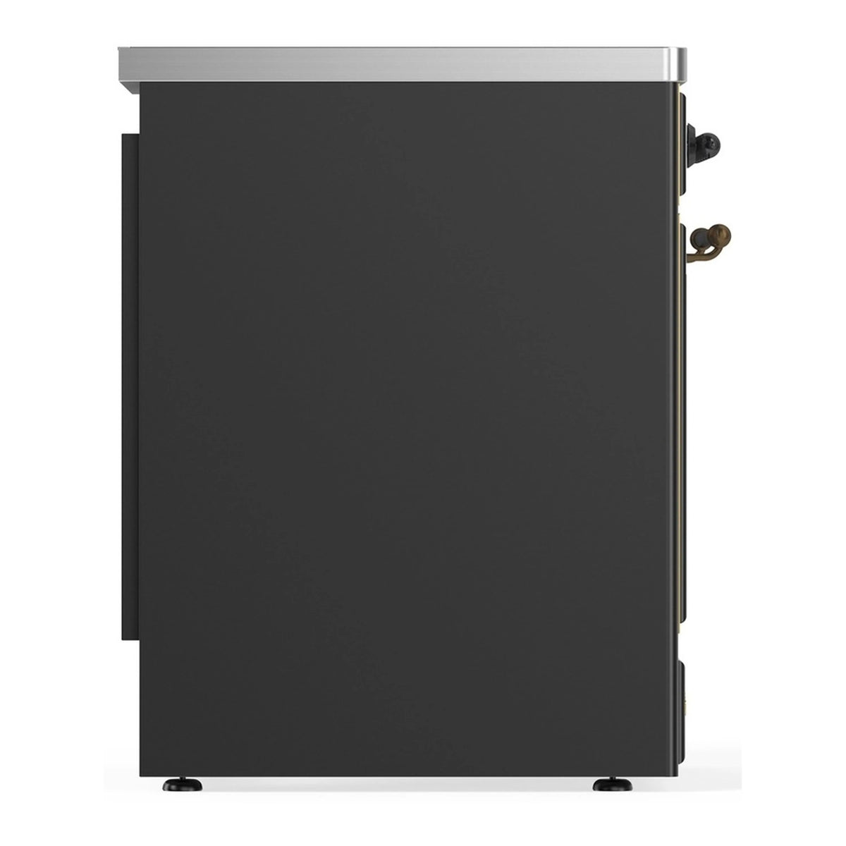 Matte graphite oven door with two bronze-toned side handles and metal trim