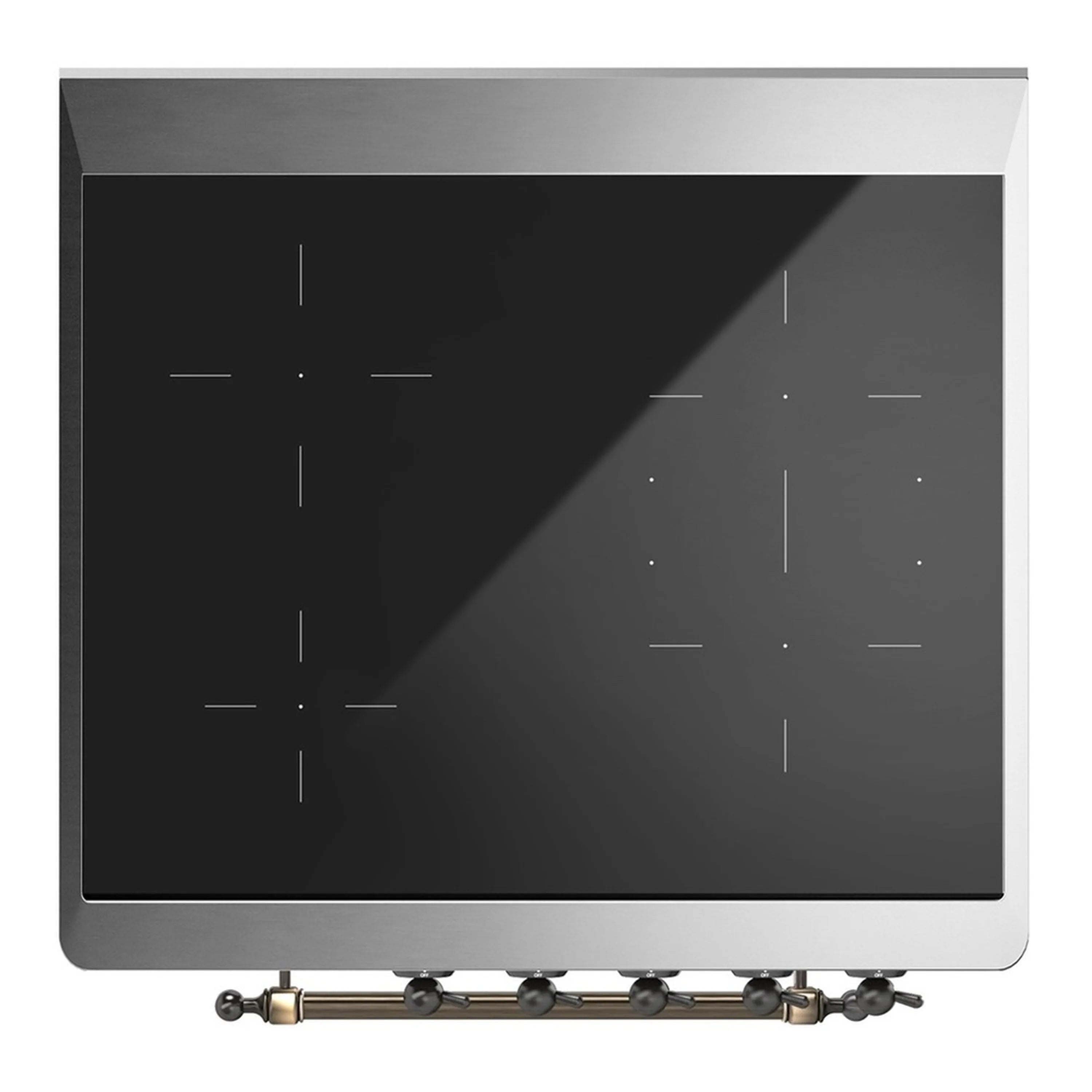 Induction cooktop with circular burner markings and row of control knobs
