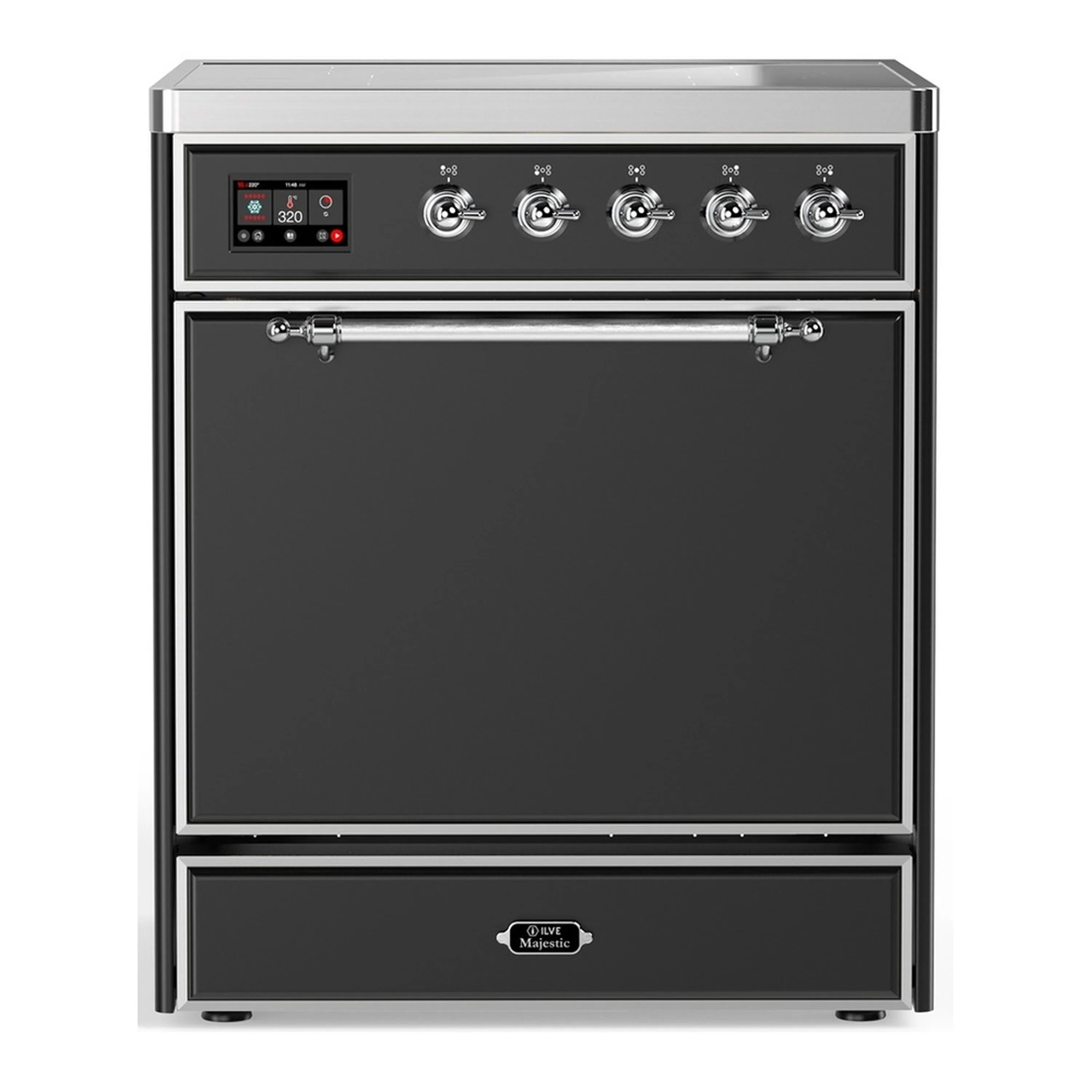 Matte graphite induction range with chrome-trim control panel and solid oven door