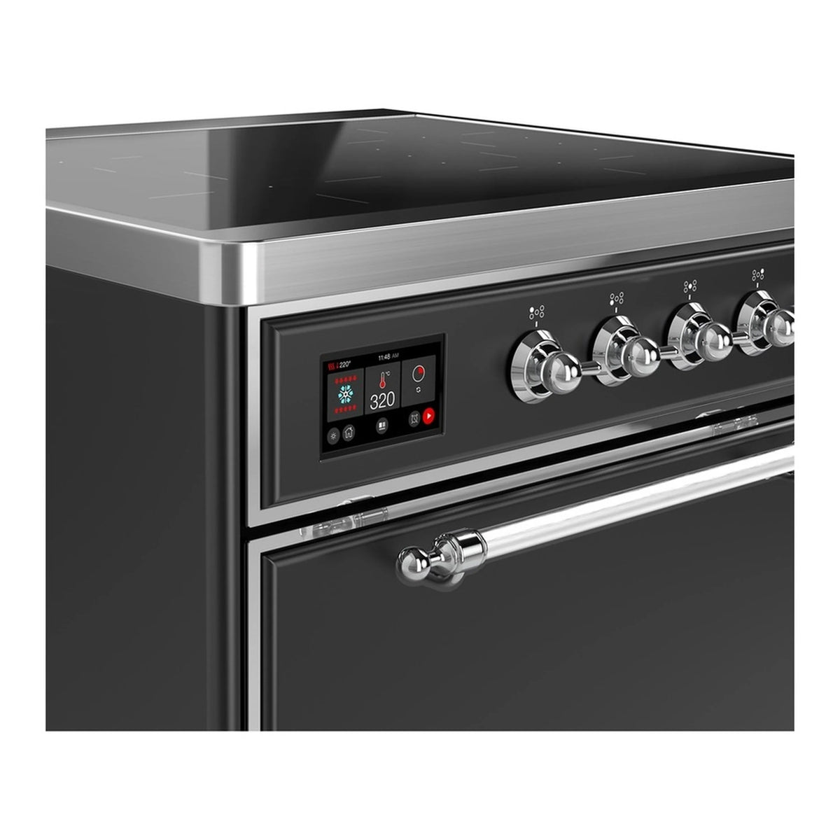 Matte graphite induction range control panel with digital display and chrome knobs