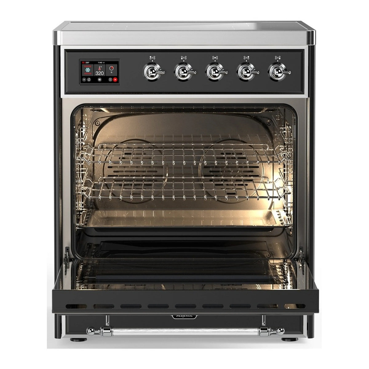 Matte graphite induction range oven with open door, racks, and interior heating elements