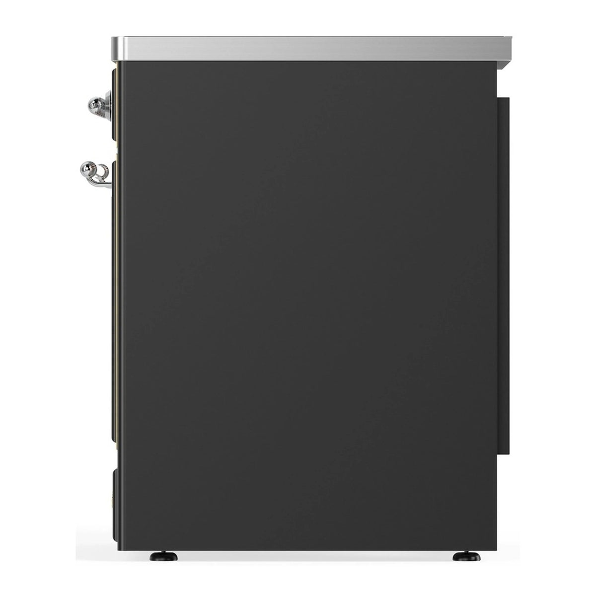 Matte graphite oven body with chrome-trim side handle and door edge