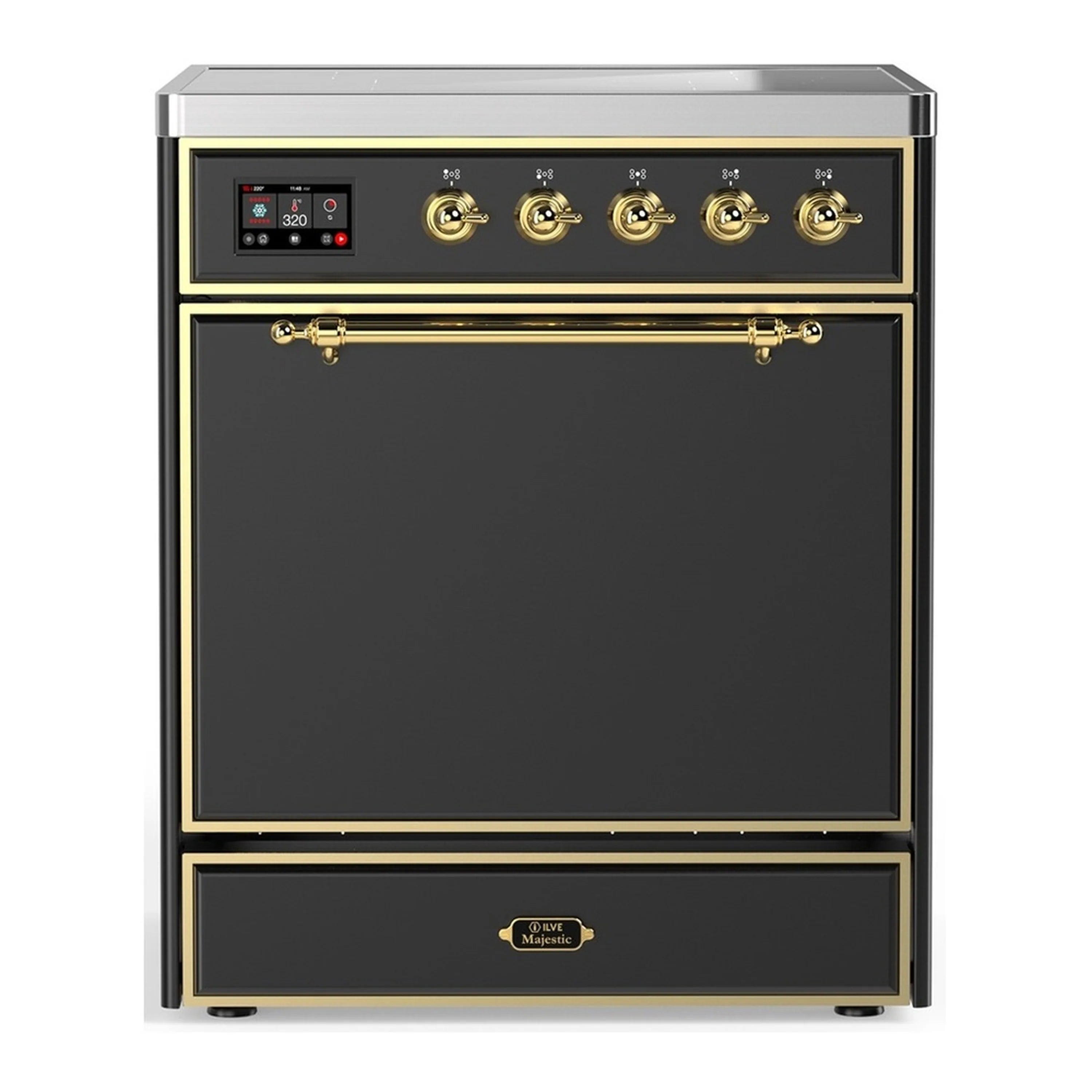 Matte graphite induction range with brass trim, display controls and oven door