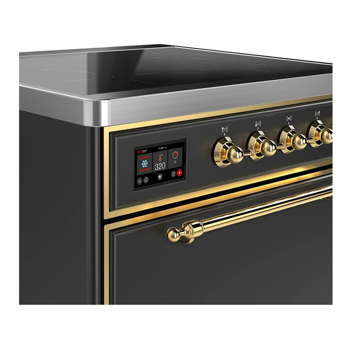 Matte graphite range control panel with brass knobs and temperature display