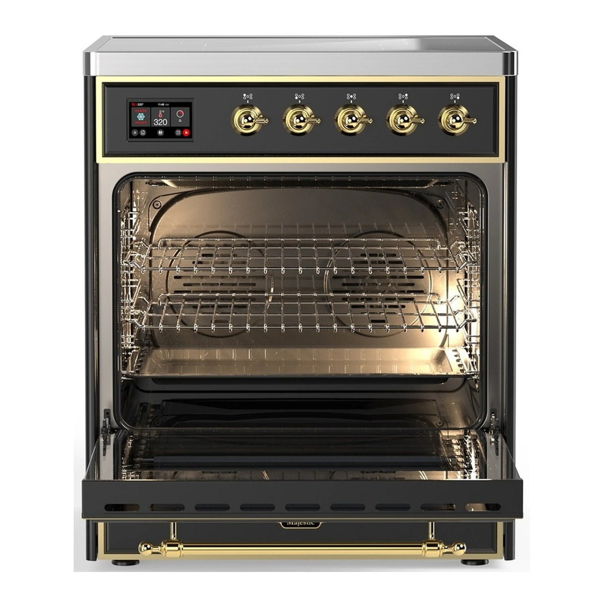 Matte graphite oven door open with wire racks inside, brass handle and trim