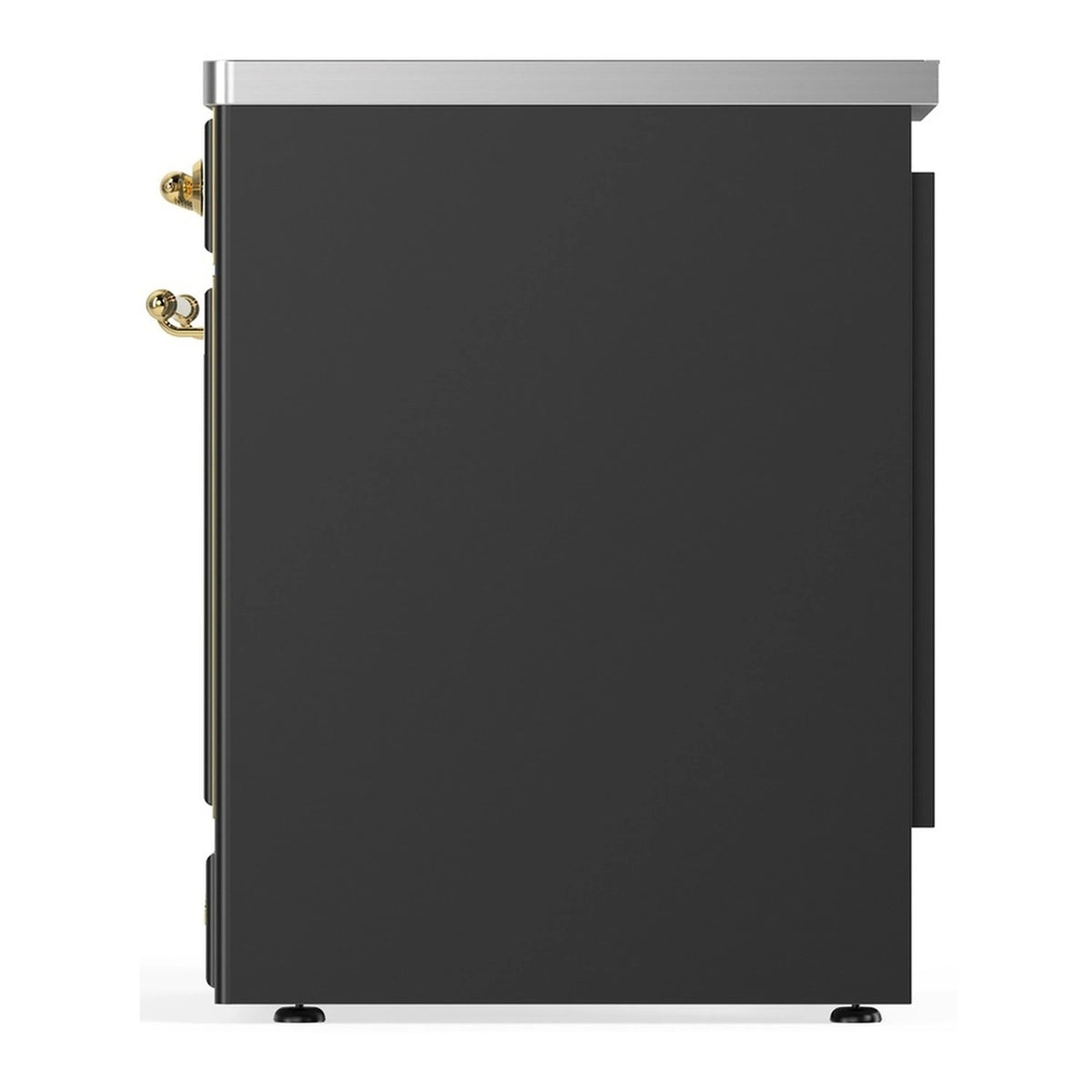 Matte graphite oven door with brass side hardware and slim trim line