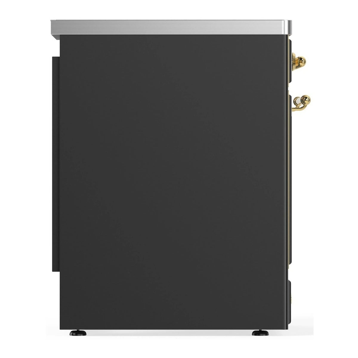 Matte graphite oven back panel with brass door handle hardware and feet