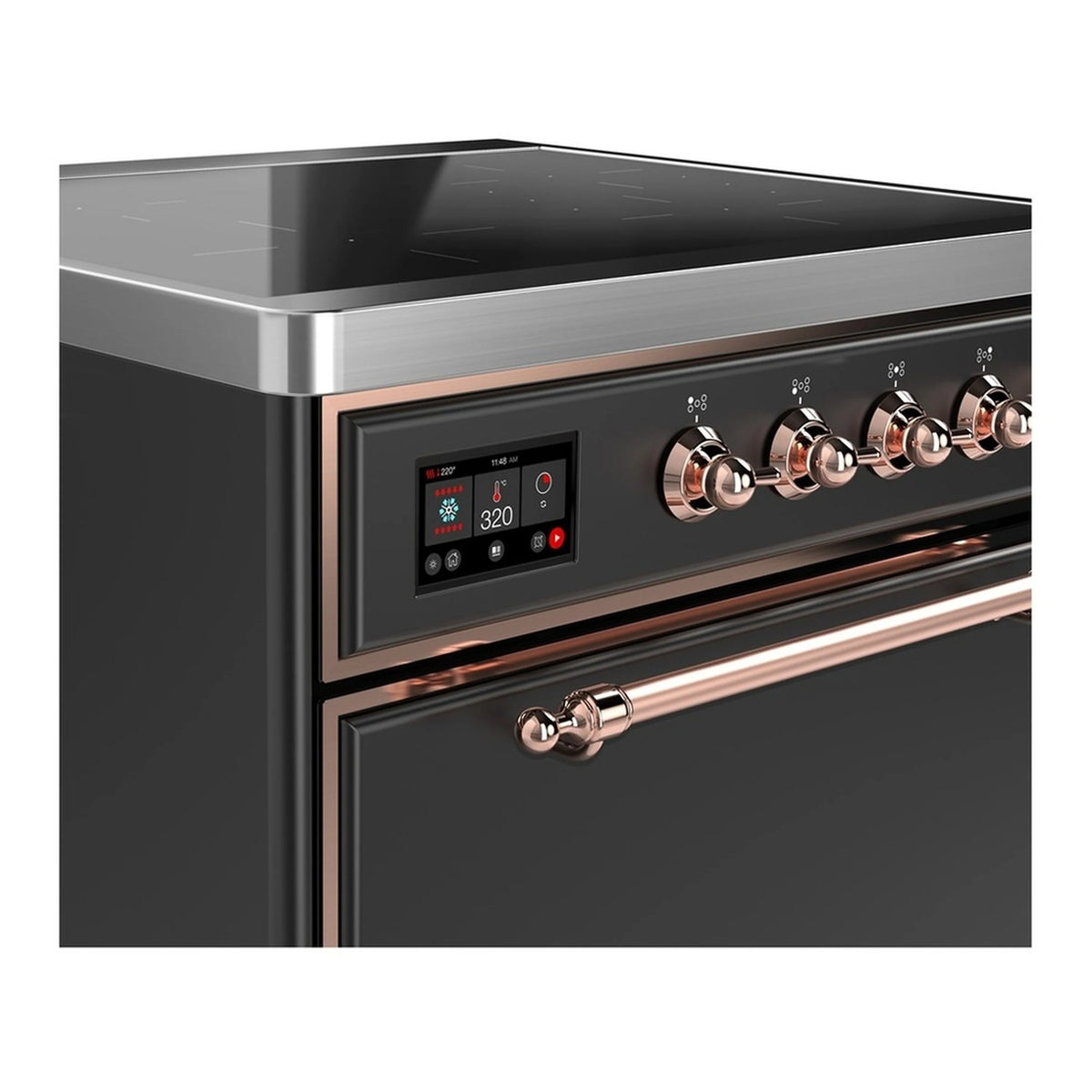 Matte graphite induction range control panel with copper-trim knobs and oven handle
