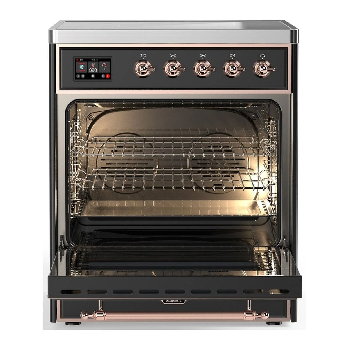 Induction range oven with open door, visible racks and interior light