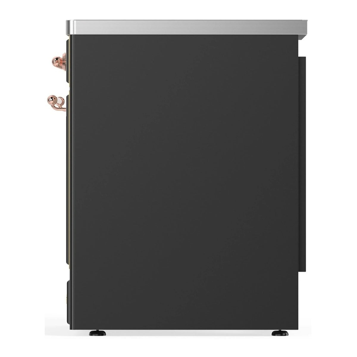 Matte graphite oven door panel with copper handle and stainless top trim