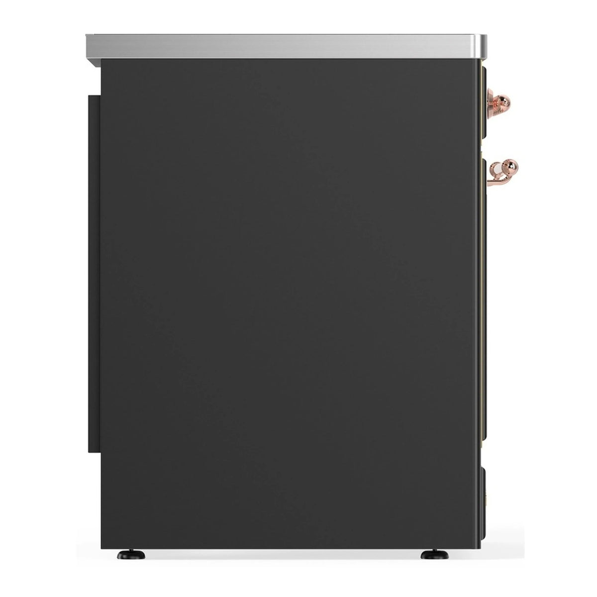 Matte graphite oven door exterior with copper handle and leveling feet