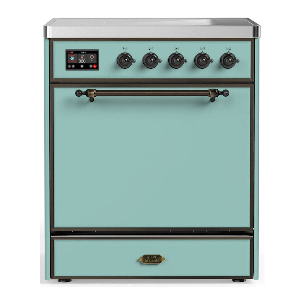 ILVE Majestic III 30-Inch Induction Range with 4 Induction Elements and Solid Door Electric Oven in Mediterranean Mint with Burnished Trim (UMIB30QNR3MMB)