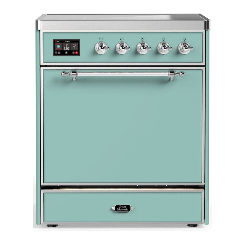 ILVE Majestic III 30-Inch Induction Range with 4 Induction Elements and Solid Door Electric Oven in Mediterranean Mint with Chrome Trim (UMIB30QNR3MMC)