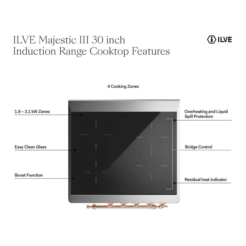 Black glass induction cooktop with four cooking zones and safety indicators.