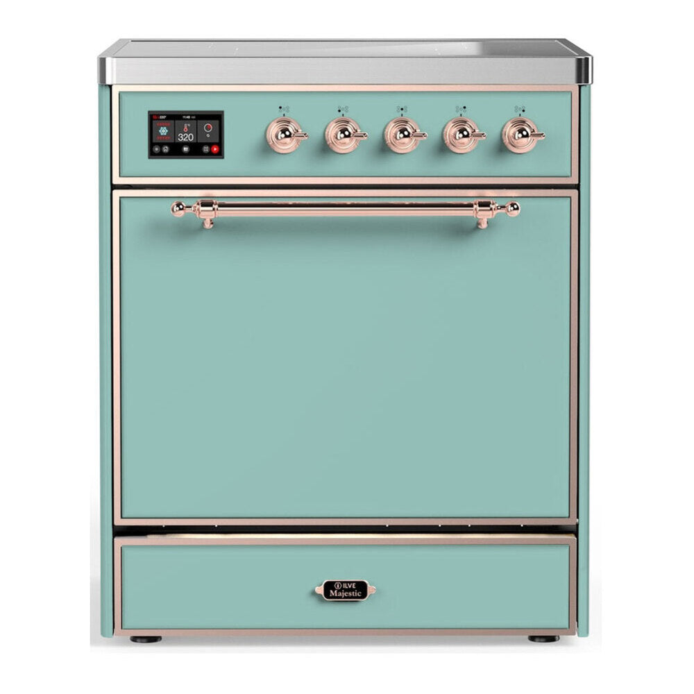 ILVE Majestic III 30-Inch Induction Range with 4 Induction Elements and Solid Door Electric Oven in Mediterranean Mint with Copper Trim (UMIB30QNR3MMP)