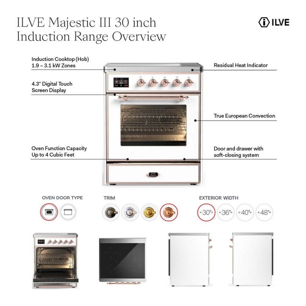 ILVE Majestic III 30-Inch Induction Range with 4 Induction Elements and Solid Door Electric Oven in Mediterranean Mint with Copper Trim (UMIB30QNR3MMP)