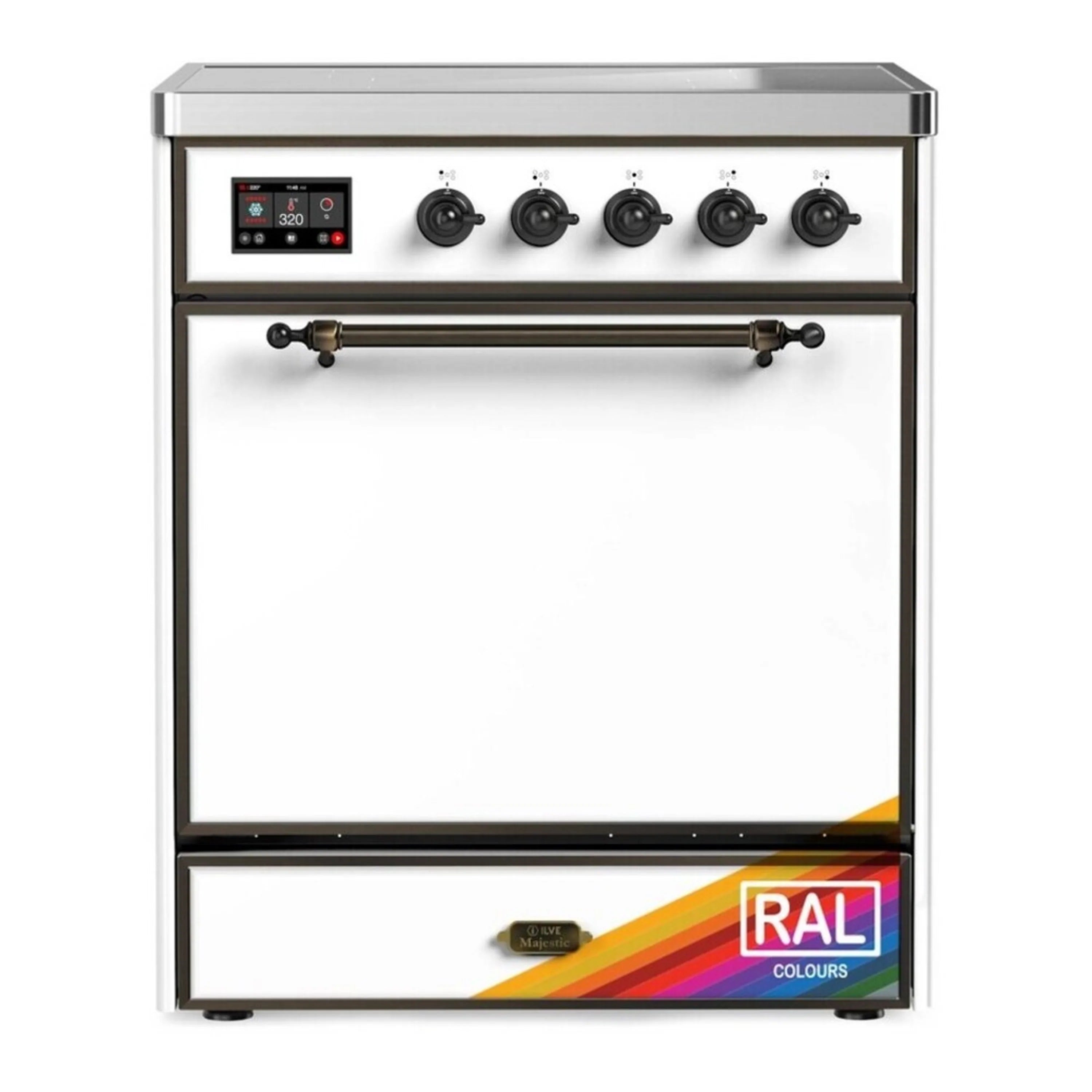 ILVE induction range with solid-door electric oven, control panel, and RAL color label