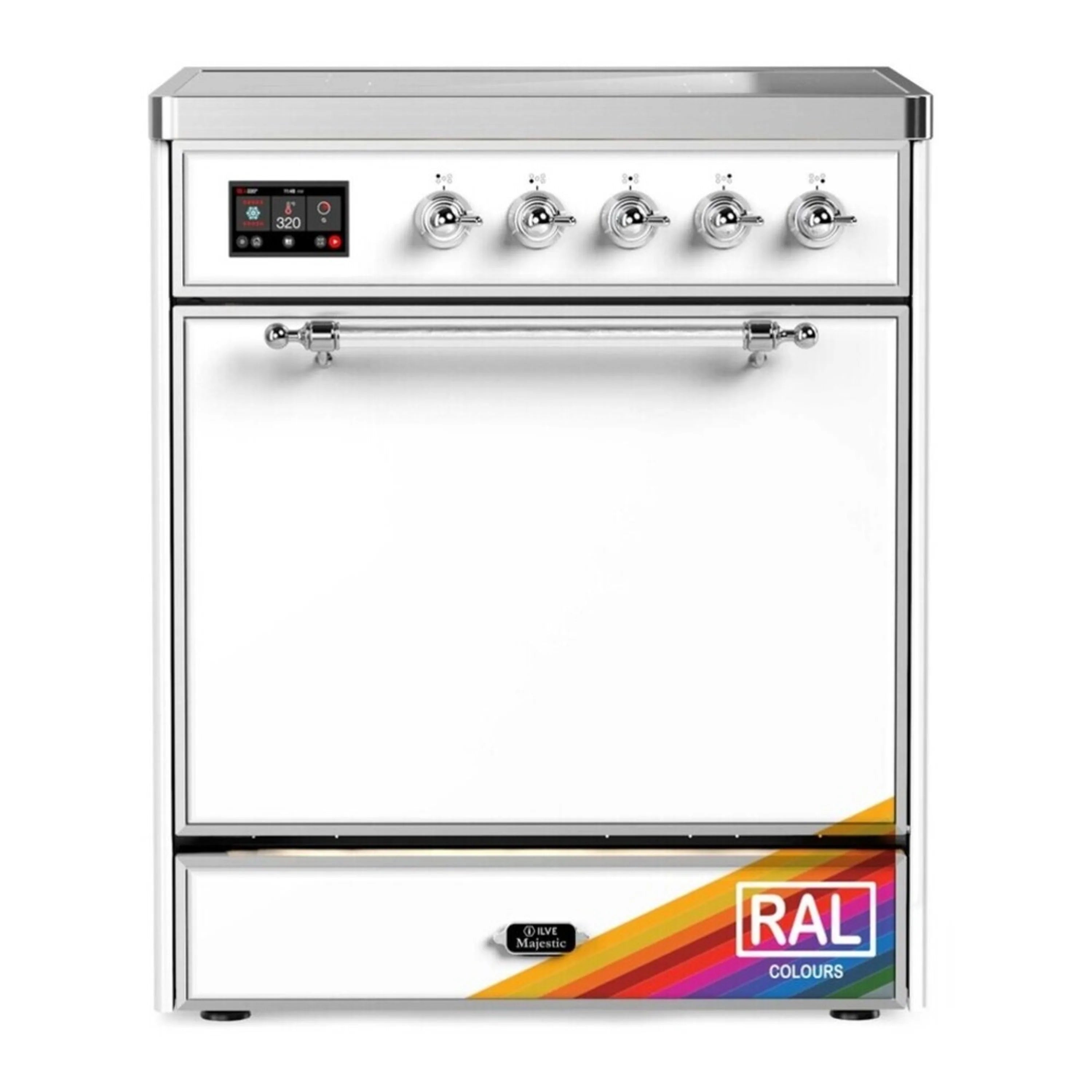 Induction range with solid-door electric oven, chrome trim and control panel