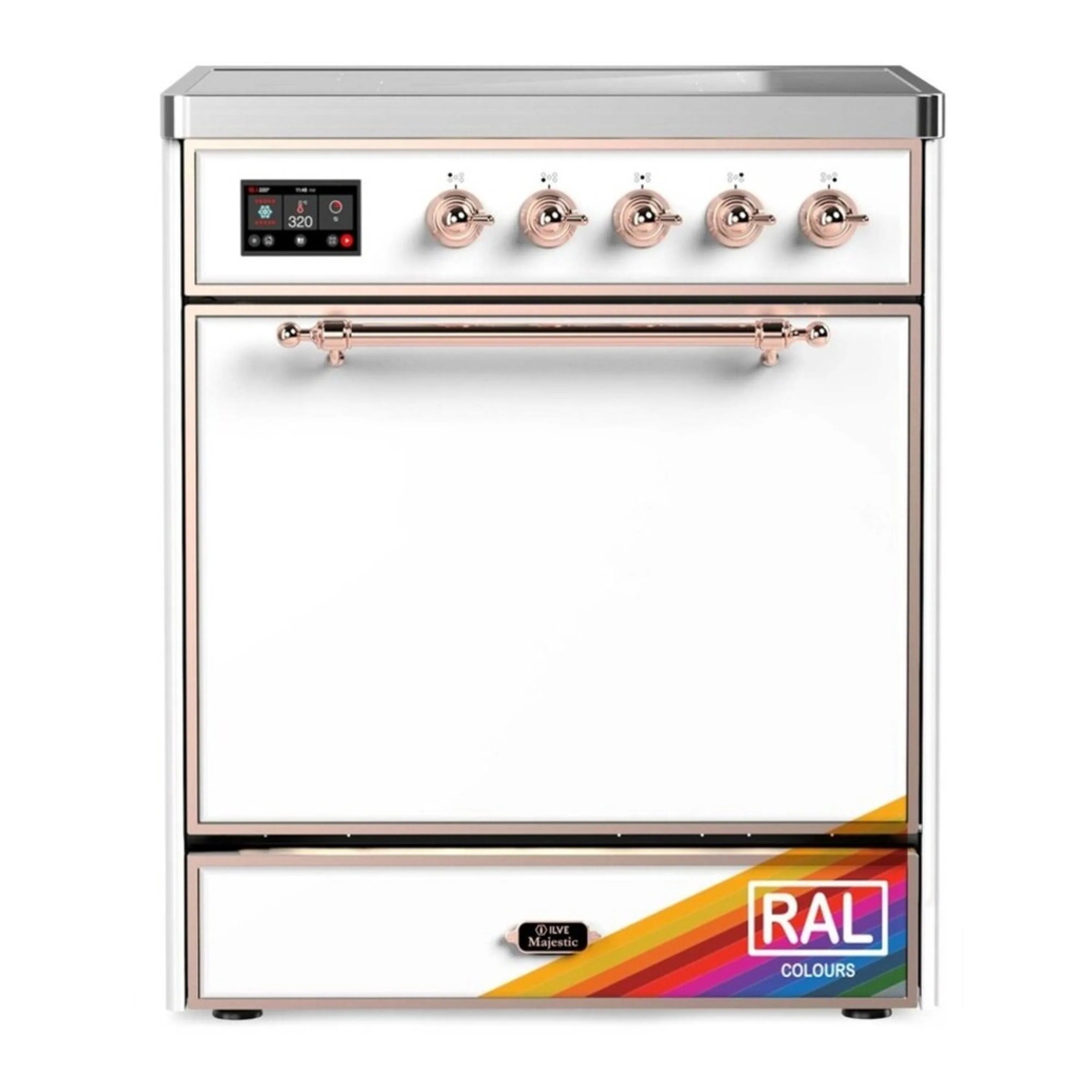 Induction range with solid door electric oven and copper-trimmed control knobs